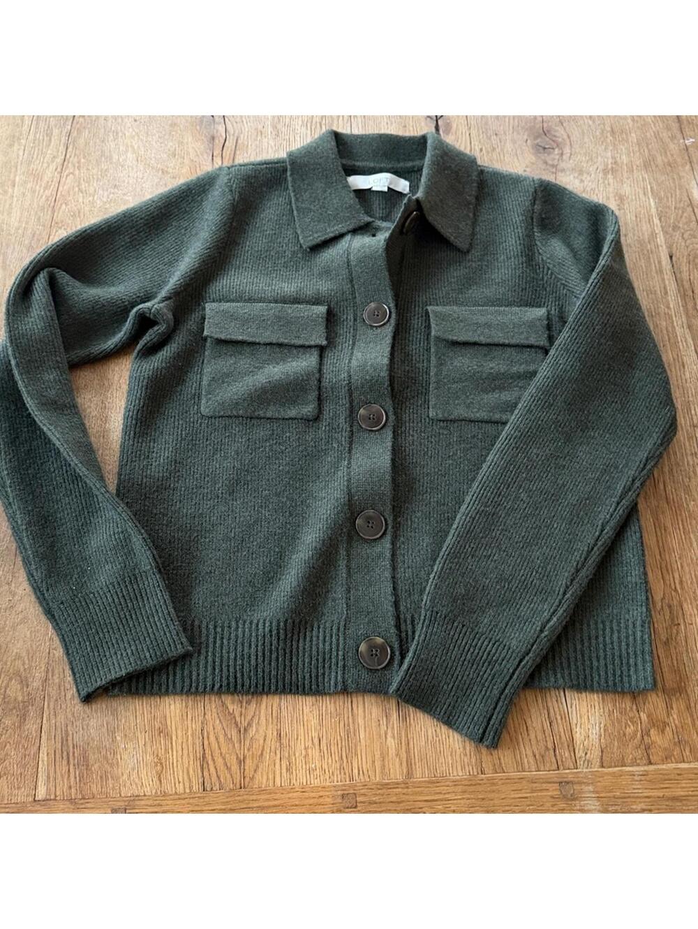 LOFT Collared Pocket Green Button-Up Knit Cardigan Sweater Size XS